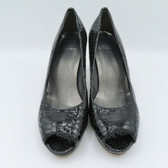 Stuart Weitzman Women 8 M Black Patent Snakeskin Leather 4079808 Peep Toe Heels - Picture 2 of 11